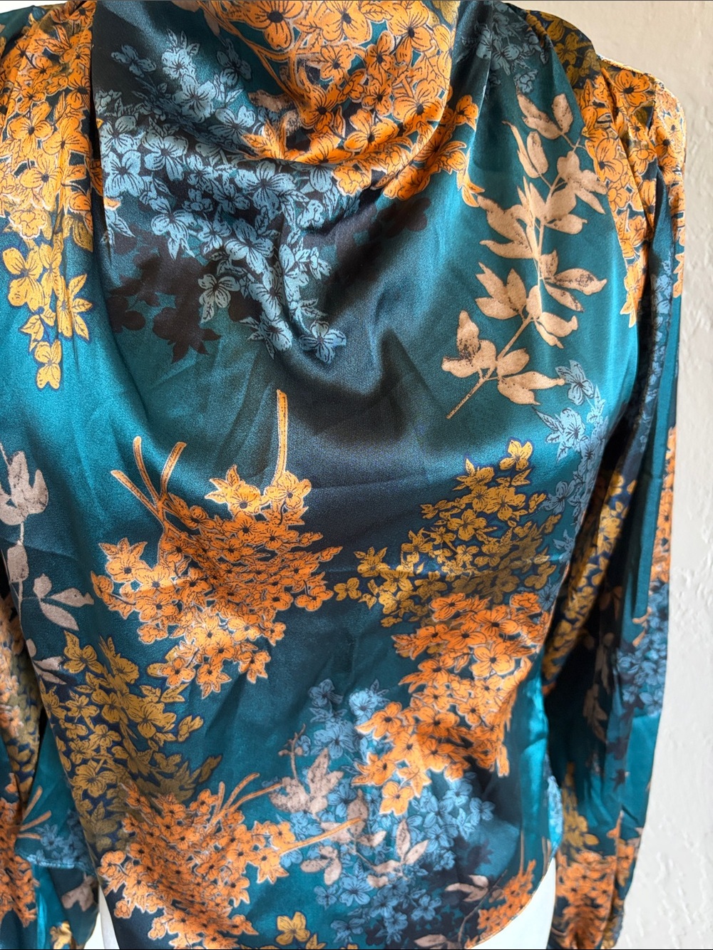 Anthropologie ASTR Teal Satin Floral Long-Sleeve Blouse draped top - Picture 4 of 7